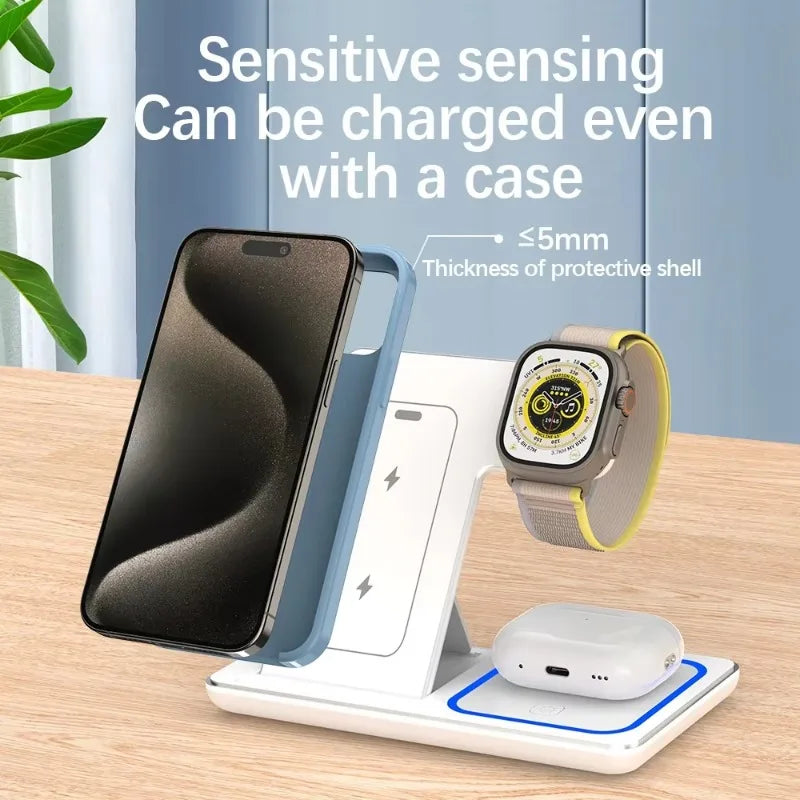 100W 3 en 1 Cargador Inalámbrico Rápido Plegable para iPhone 16 15 14 13 12 + Apple Watch S10/S9/S8 + AirPods Pro 2/4 – Base de Carga Múltiple