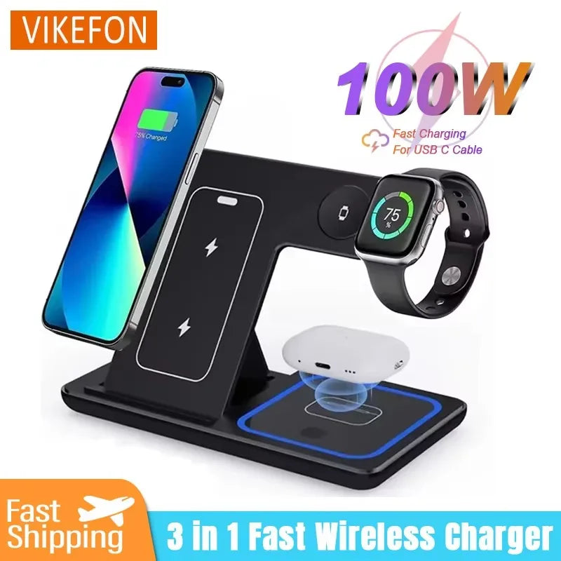  100W 3 en 1 Cargador Inalámbrico Rápido Plegable para iPhone 16 15 14 13 12 + Apple Watch S10/S9/S8 + AirPods Pro 2/4 – Base de Carga Múltiple