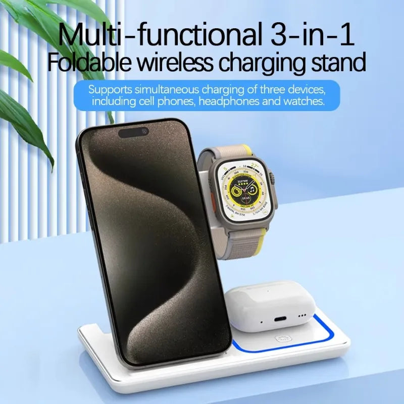  100W 3 en 1 Cargador Inalámbrico Rápido Plegable para iPhone 16 15 14 13 12 + Apple Watch S10/S9/S8 + AirPods Pro 2/4 – Base de Carga Múltiple